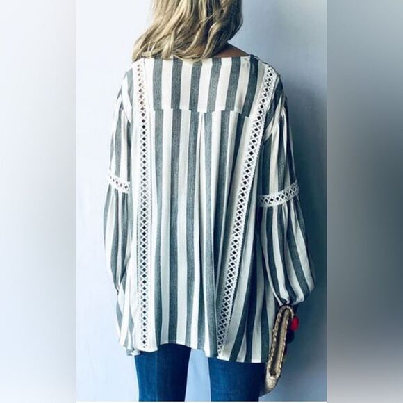 ANDTHEWHY black/white stripe open lace accent bishop sleeve flowy boho top. NWT. - Picture 3 of 13